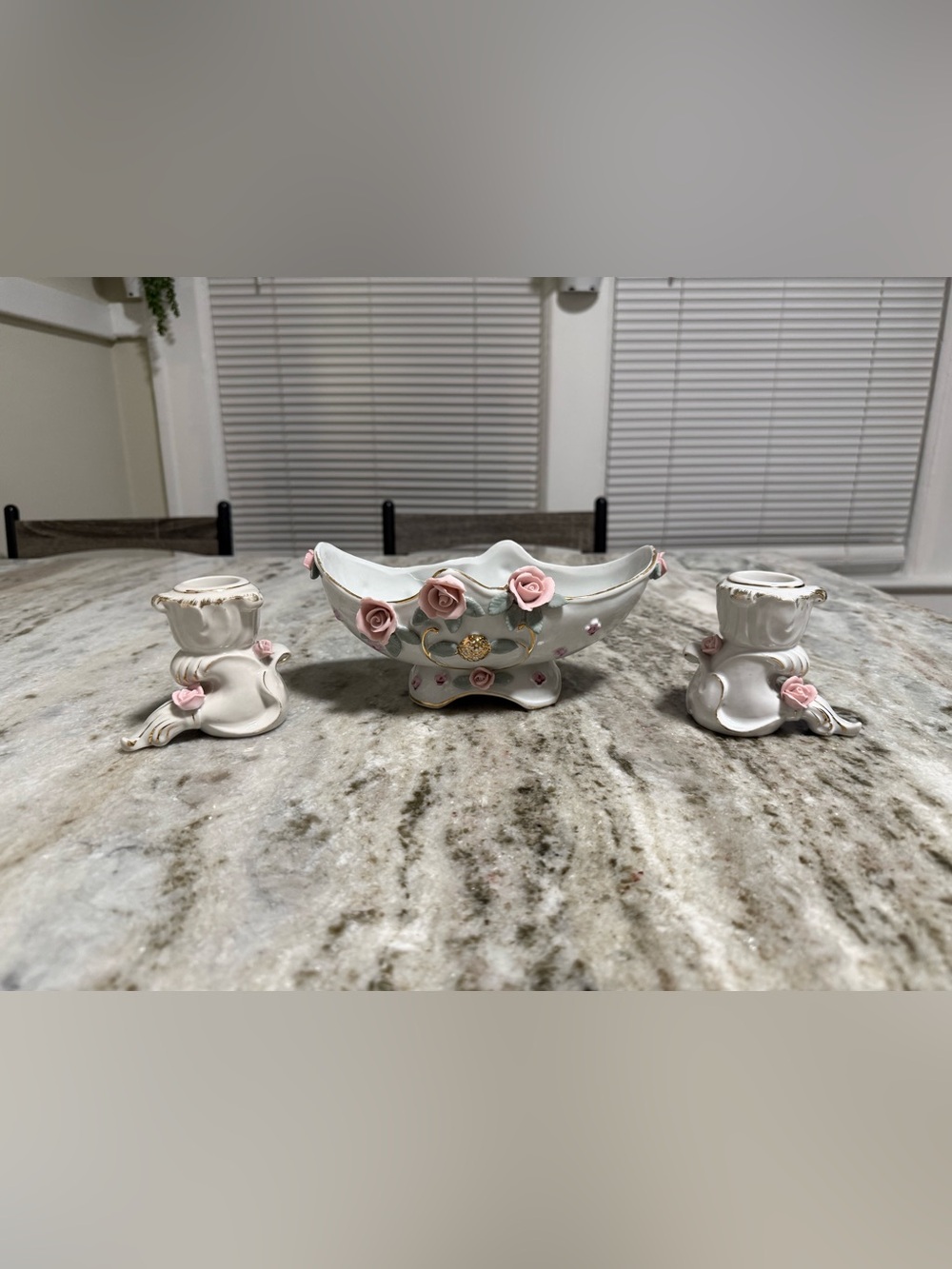 Vintage Bone China Pink Rose Bowl & Candle Holder Set